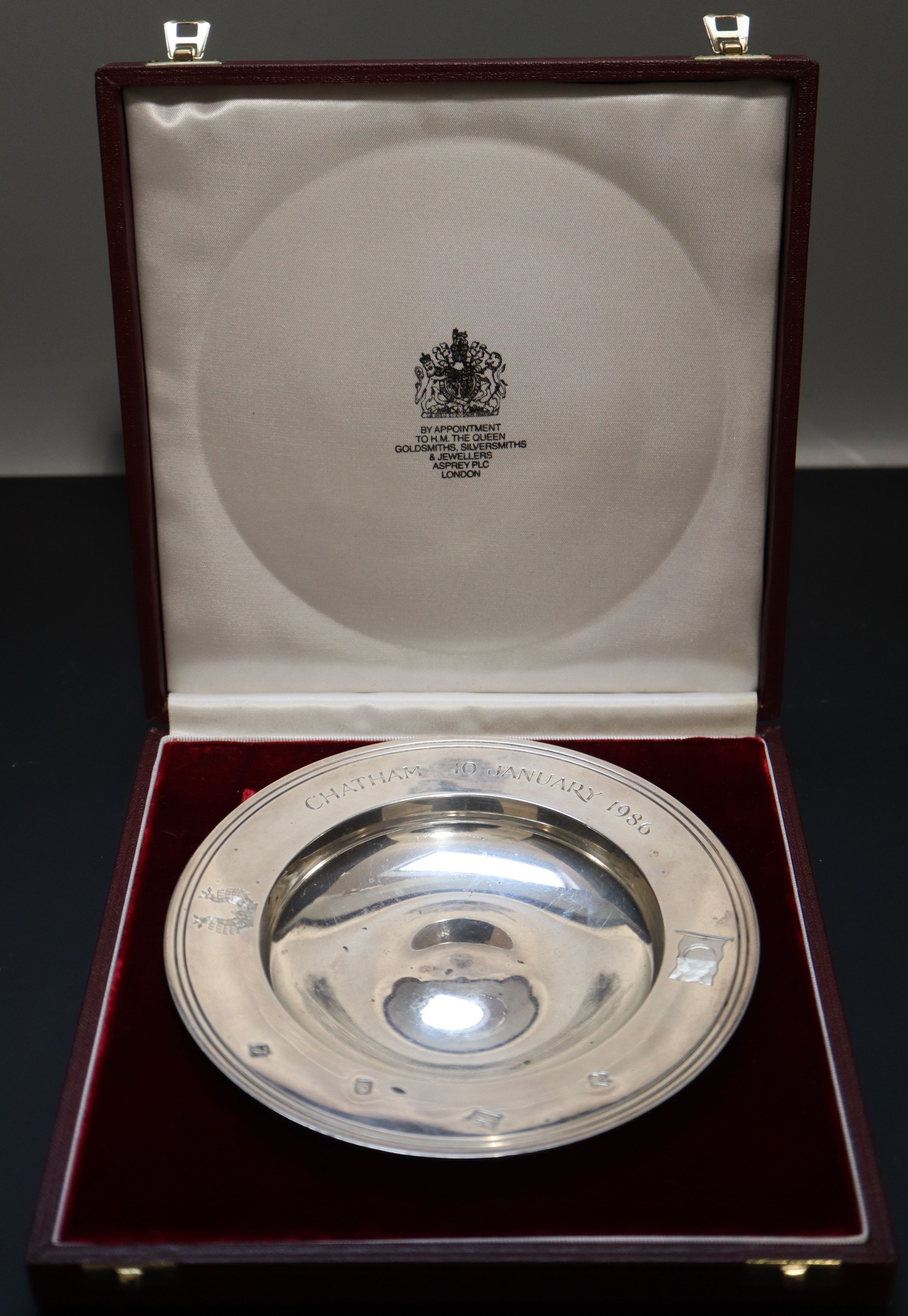 A cased modern silver Armada dish by Asprey & Co, 14.6cm, 5.5oz., in Asprey box.